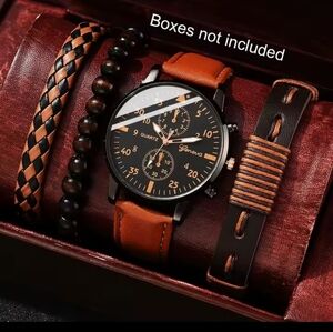 Men's Watch Bracelets Set Leather Layered Braided Brown New f81